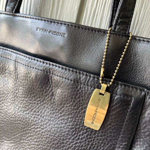 VTG Evan-Picone Black Leather Tote Bag Full Grain Brass Hang Tag Multi Pocket Pu - Picture 2 of 13
